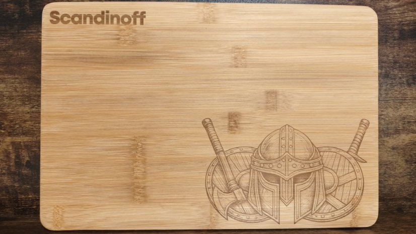 Kitchen cutting bamboo board with viking helmet motive 30x20x1